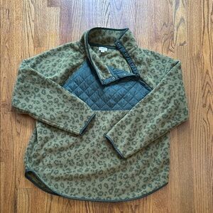 J. Crew Factory Fleece Leopard Olive Snap Button Quilted Pullover Jacket Sz XL
